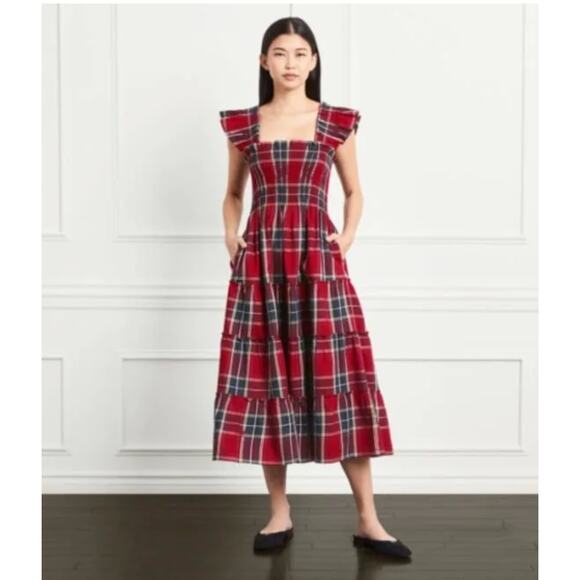 HILL HOUSE Tiered Red Green White Plaid Striped Dress – Medium - Picture 3 of 16